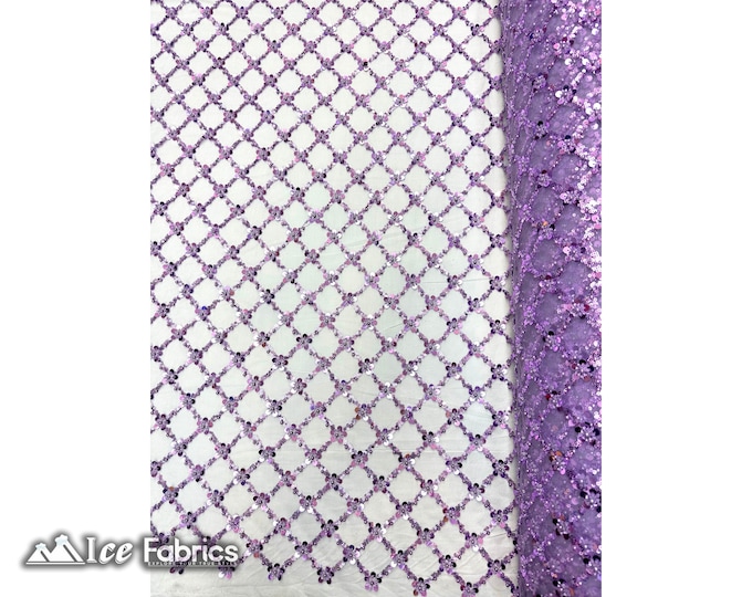 Lavender Geometric Embroidery Sequin Beaded Fabric  By The Yard | Handmade Embroidered Lace Sequin Fabric on Mesh Fabric