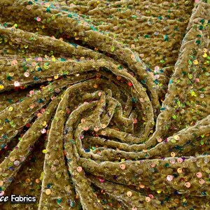 Emma 2 Way Stretch Velvet Sequin Fabric By The Yard | Embroidery Sequin On Spandex Velvet | Iridescent Gold | 60” Wide
