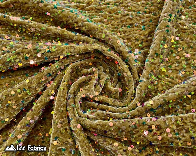 Emma 2 Way Stretch Velvet Sequin Fabric By The Yard | Embroidery Sequin On Spandex Velvet | Iridescent Gold | 60” Wide