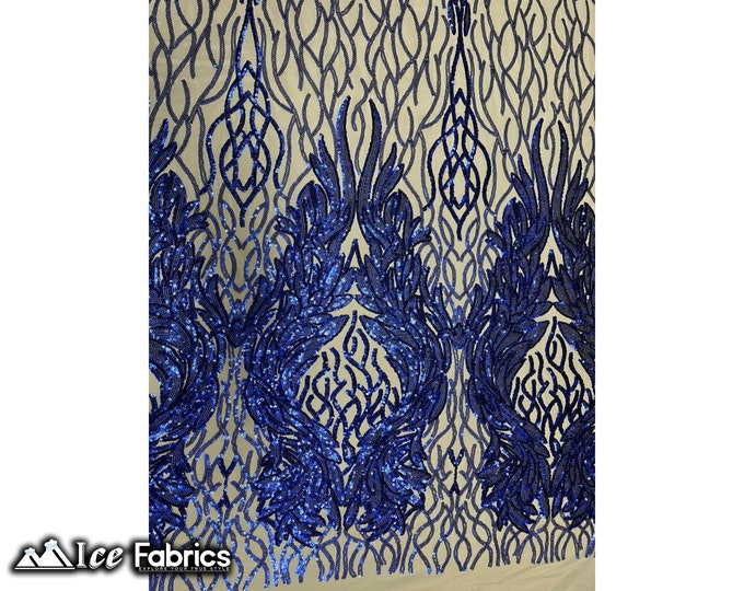 Tree Design Sequin Fabric By The Yard | Royal Blue on Nude Mesh 4 way Stretch Spandex Fabric | Embroidery Lace on Mesh