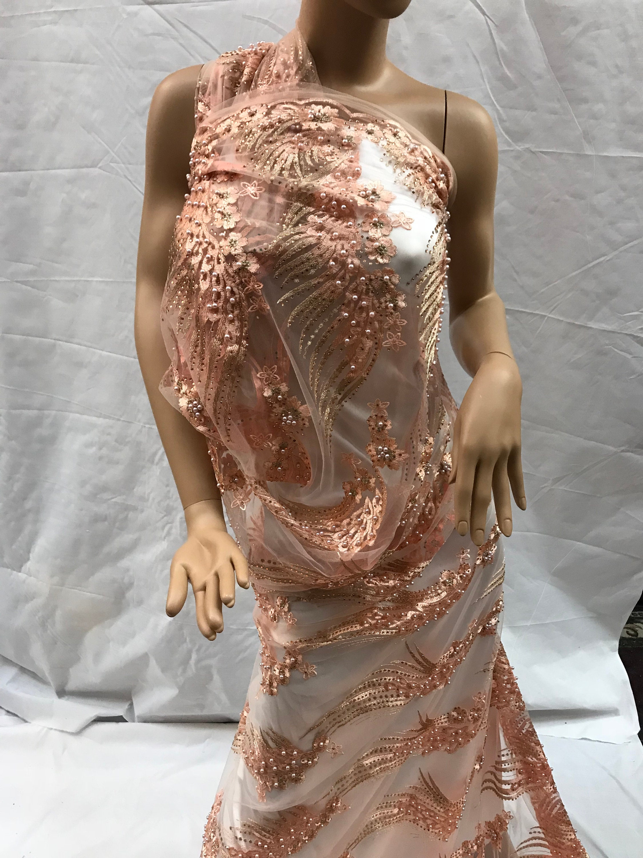 Peach Beaded Design Prom Bridal Design Transparent Fabric Mesh Lace