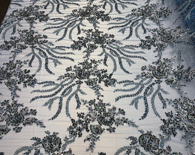 Beaded Mesh Lace Fabric By The Yard Embroidery Bridal Lace Handmade Floral Design Big Luxury Flowers Sequins (Blue Multi Color