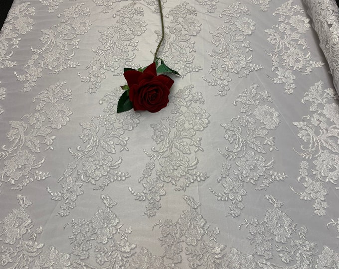 2 WAY Stretch FLOWERS/Mesh Lace Fabric By Yard/WHITE Lace/ Embroidered Lace/Floral Lace/For Tablecloths/ Runners/Costumes/Dress/Skirts