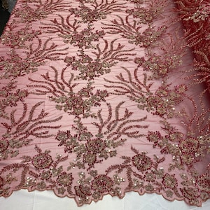 Beaded Mesh Lace Fabric By The Yard Embroidery Bridal Lace Handmade Floral Design With Big Luxury Flowers Sequins (Burgundy)