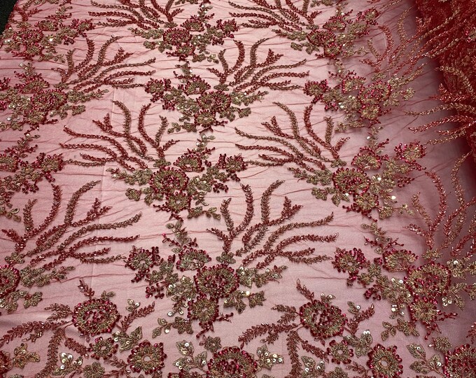 Beaded Mesh Lace Fabric By The Yard Embroidery Bridal Lace Handmade Floral Design With Big Luxury Flowers Sequins (Burgundy)