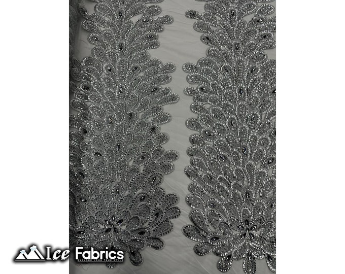 Silver Peacock Feather Beaded Fabric sold by Panel | Embroidery Handmade Lace