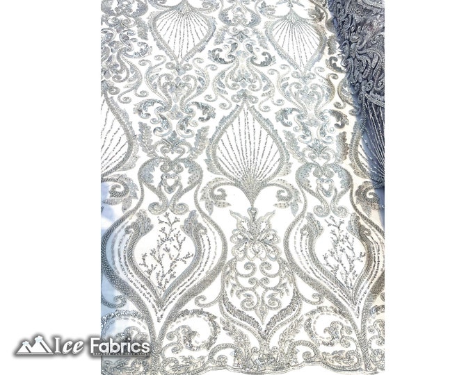Luxurious Silver Embroidered Beaded Fabric By The Yard | Handmade beads Lace on Mesh Fabric | Damask Beaded