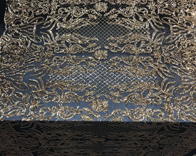 NEW Black/Gold Design sequins 4 way stretch on A MESH lace Sold By the yard for decorations fashion wedding prom dresses, tablecloths
