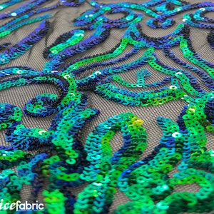 Mia Geometric Sequin Fabric By The Yard | 4 Way Stretch Fabric | Sequin Geometric Embroidery Fabric | Iridescent Green on Black Mesh image 5