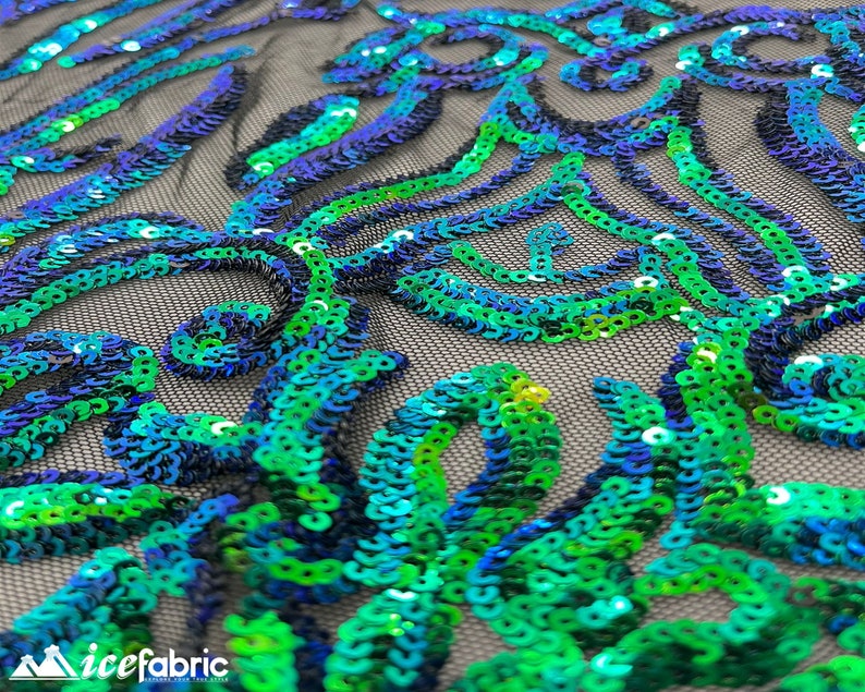 Mia Geometric Sequin Fabric By The Yard | 4 Way Stretch Fabric | Sequin Geometric Embroidery Fabric | Iridescent Green on Black Mesh image 5