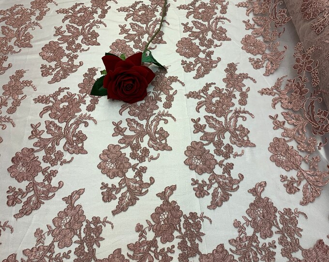 2 WAY Stretch FLOWERS/Mesh Lace Fabric By Yard/Dusty Rose Lace/ Embroidered Lace/Floral Lace/For Tablecloths/Runners/Costumes/Dress/Skirts