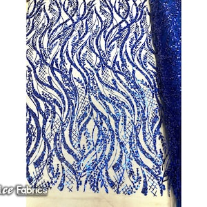 Royal Blue Beaded Lace Fabric By The Yard | Embroidered Mesh Sequin Fabric with Beaded Fabric | for wedding Dress, Prom Dress and more