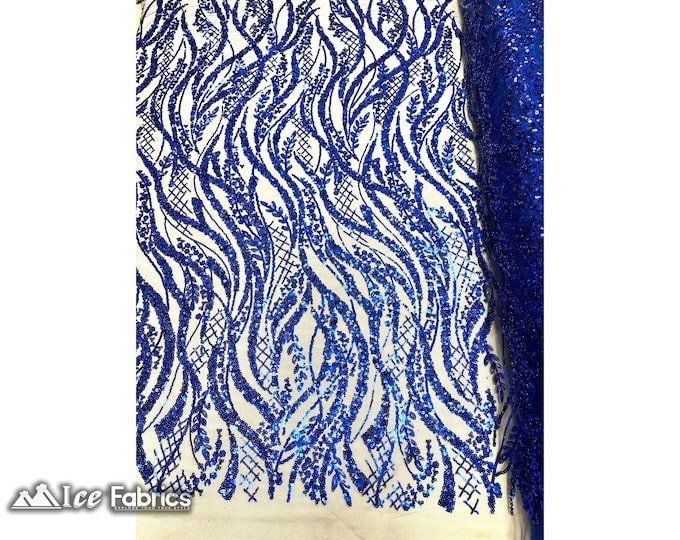 Royal Blue Beaded Lace Fabric By The Yard | Embroidered Mesh Sequin Fabric with Beaded Fabric | for wedding Dress, Prom Dress and more