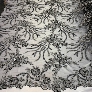 Beaded Mesh Lace Fabric By The Yard Embroidery Bridal Lace Handmade Floral Design Big Luxury Flowers Sequins (Black/Navy Blue)