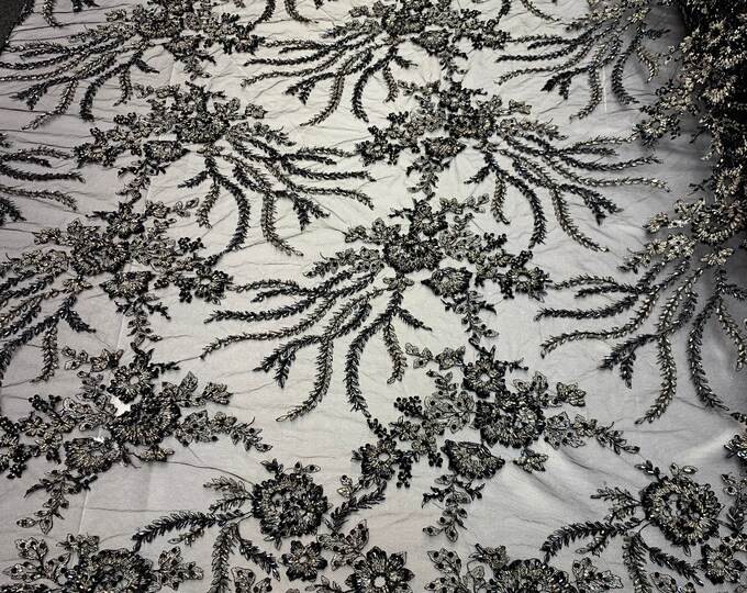 Beaded Mesh Lace Fabric By The Yard Embroidery Bridal Lace Handmade Floral Design Big Luxury Flowers Sequins (Black/Navy Blue)