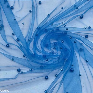 New Turquoise Pearl Beaded Fabric on a Soft Tulle by The Yard - Embroidered Handmade Fabric - Tulle Lace Fabric with Pearls for Bridal Veils