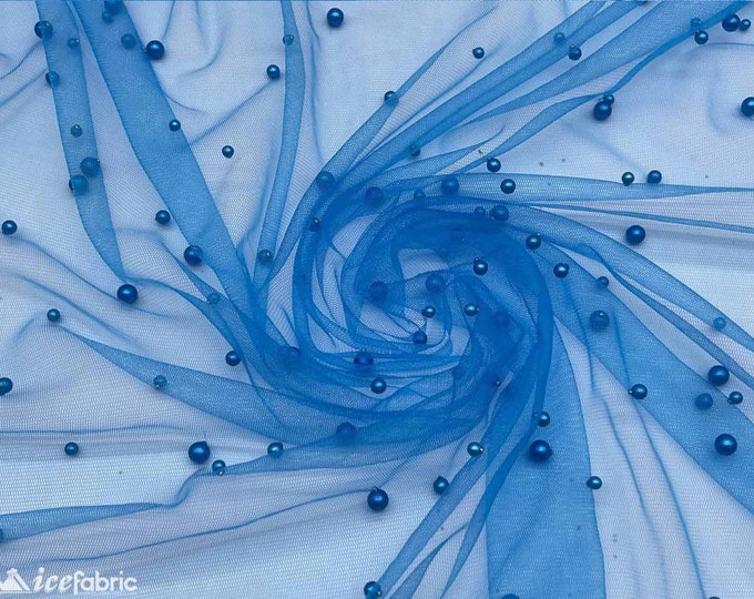 New Turquoise Pearl Beaded Fabric on a Soft Tulle by The Yard - Embroidered Handmade Fabric - Tulle Lace Fabric with Pearls for Bridal Veils