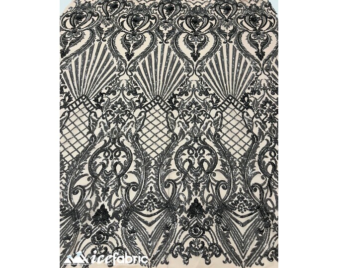 Diba Sequin Fabric By The Yard (Black On Nude) 4 Way Stretch Sequin Fabric _ Geometric Pattern Lace on Mesh _ Prom Dress and much more