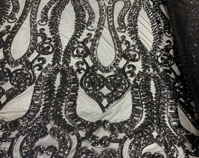 New Stretch SEQUIN FABRIC _ Black _ Geometric Embroidered Fabric_ 4 Way Stretch Spandex Fabric on Mesh Lace Fabric