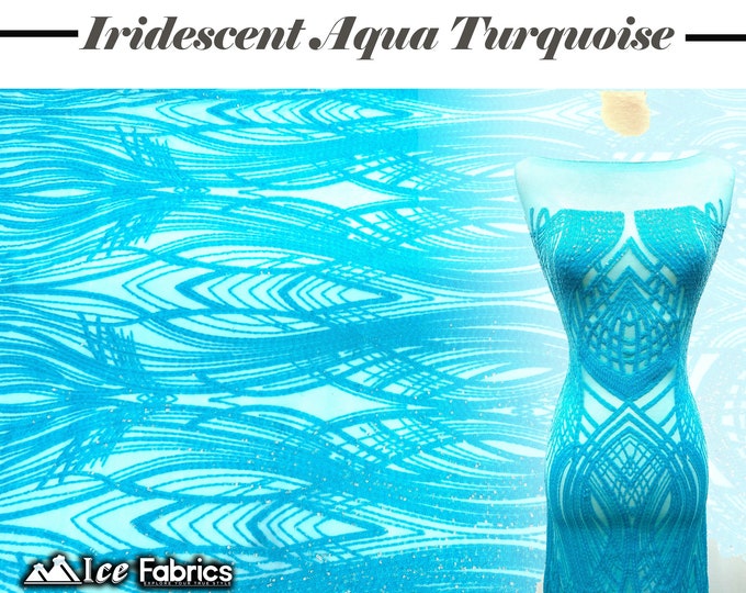 Peacock Iridescent Aqua Turquoise 4 Way Stretch Sequins Fabric | By The Yard Aqua Mesh nylon Spandex Fabric | With Embroidery Sequin Lace