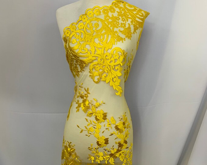 Yellow Floral Flower Mesh Lace Embroidery Design Fabric By The Yard For Tablecloths, Wedding Prom Dresses, Night gowns, Skirts, Runners