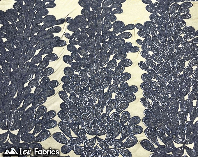 Navy Blue Vegas Peacock Embroidery Lace Sequin Fabric | on 2 Way Stretch Mesh | Sold By 3 Panels | (34” Length) (54” Wide)