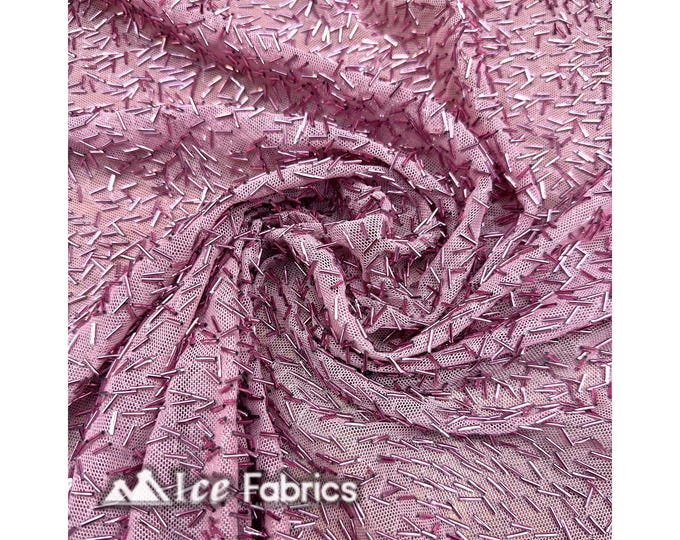 Dusty Pink 4-Way Stretch Embroidered Lace Beaded Fabric | Power Mesh by the Yard | Dangle Beaded Fabric