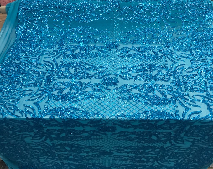 NEW Turquoise Design sequins 4 way stretch on A MESH lace Sold By the yard for decorations fashion wedding prom dresses, tablecloths night