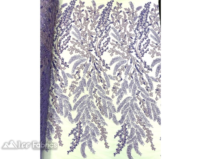 Lavender Floral Embroidery Beaded Sequin Fabric By The Yard | Handmade Beaded Fabric | French Lace Fabric on Mesh
