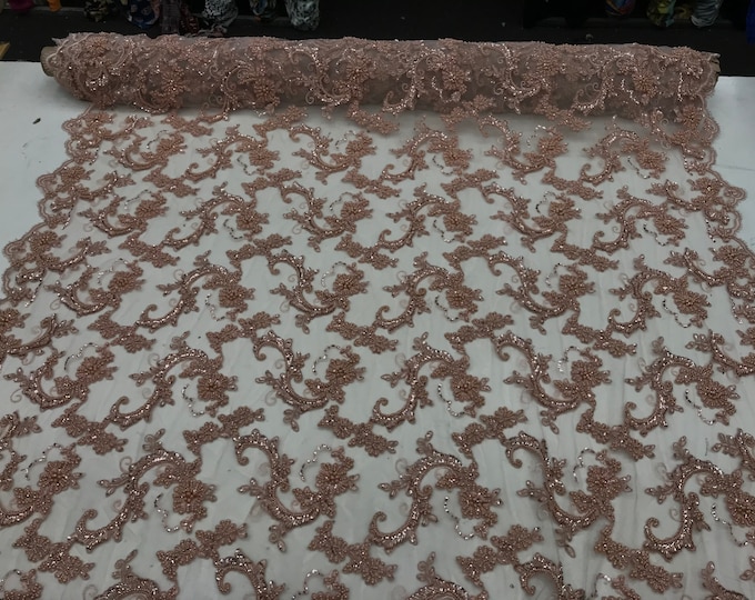 Blush Design Beaded Mesh Lace Fabric Bridal Wedding Sold By Yard clothing, jackets, dresses,skirts, applications, table covers, runners