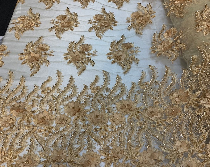 New 3D Beaded Flowers Hand Embroidered Floral Mesh Lace With Sequins By The Yard (Gold) For Prom Dresses/Tablecloths/Runners/Night Gowns