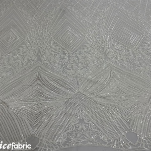 Diamond White Sequin Fabric By The Yard 54&quot; Width | Diamond Embroidery Design 4 Way Stretch Sequin Fabric | Power Mesh Fabric