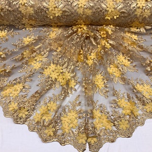 Gold_ 3D Flowers Beaded Mesh Lace Bridal Fabric By The Yard/ Mesh Beaded Embroider Lace Floral Fabric/ Wedding Fabric, Prom Dress, Gowns