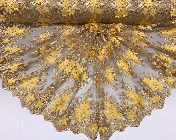 Gold_ 3D Flowers Beaded Mesh Lace Bridal Fabric By The Yard/ Mesh Beaded Embroider Lace Floral Fabric/ Wedding Fabric, Prom Dress, Gowns