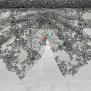 FLORAL Lace Embroidered Fabric_ Gray Bridal Beaded Mesh Lace Fabric By The Yard//Flowers Fabric With Beads And Diamond For Prom Dress