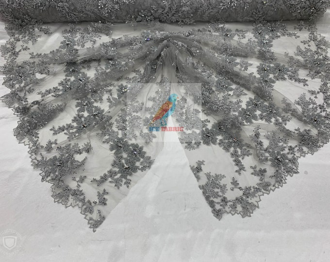 FLORAL Lace Embroidered Fabric_ Gray Bridal Beaded Mesh Lace Fabric By The Yard//Flowers Fabric With Beads And Diamond For Prom Dress