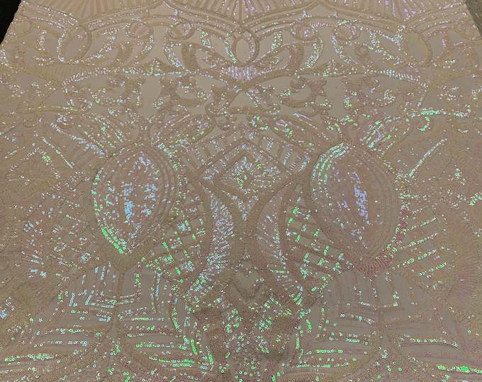 4 Way Stretch Shiny Sequins Geometric Design Iridescent (Pink/White) Embroidered Mesh Lace Fabric By The Yard/ gowns/Prom dress/Tablecloths