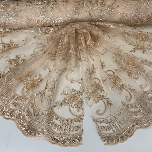 Champagne_ Metallic Flowers Sequins On A Mesh Lace Fabric// Lace By The Yard//Floral Embroider Lace Tablecloths,Costumes,Decorations,Runners