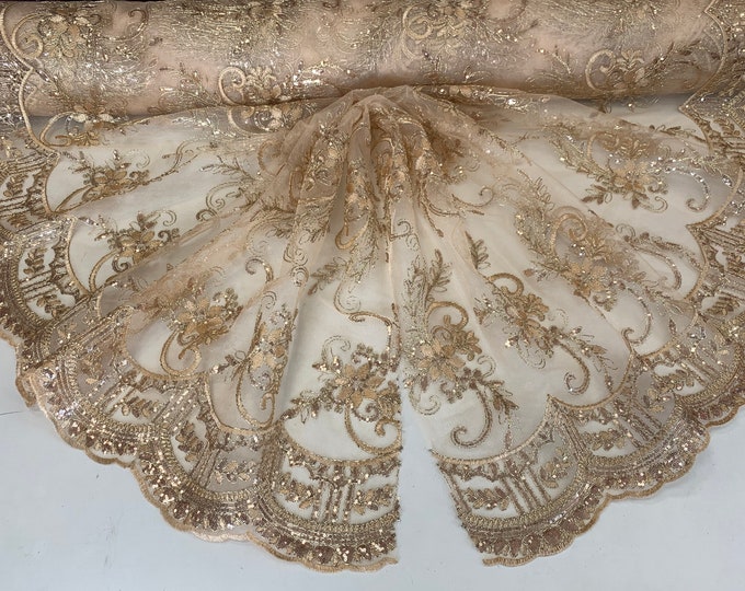 Champagne_ Metallic Flowers Sequins On A Mesh Lace Fabric// Lace By The Yard//Floral Embroider Lace Tablecloths,Costumes,Decorations,Runners