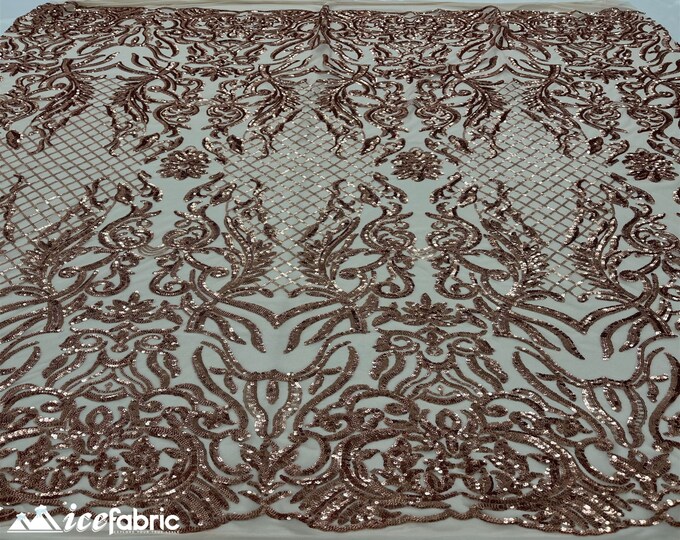 Mia Geometric Sequin Fabric By The Yard | 4 Way Stretch Fabric | Sequin Geometric Embroidery Fabric | Rose Gold
