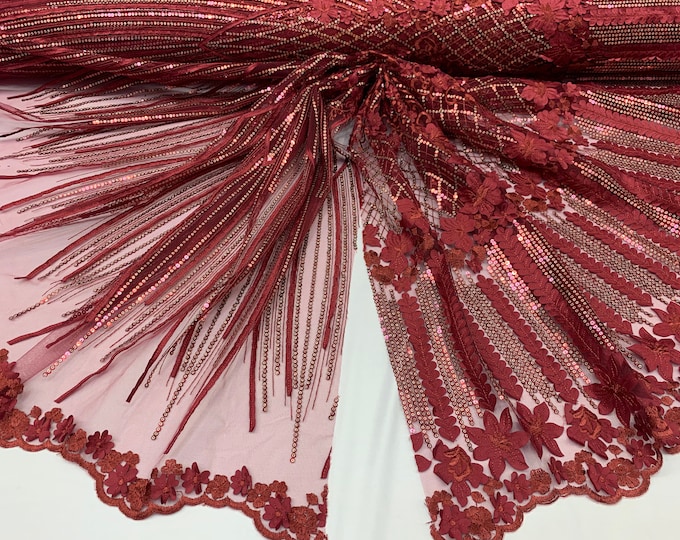 Burgundy _Corded 3D Flowers/Floral Mesh Lace Fabric With Geometric Gold Sequins By The Yard// Embroidery Lace Mesh Dresses, Gowns, Skirts