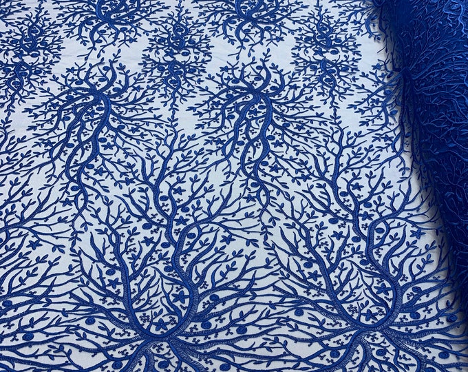 Royal Blue_ Floral Lace Fabric Sold By The Yard_ Mesh Lace Bridal Fabric_ Wedding Lace, Floral Lace, Light Lace, Soft Lace.