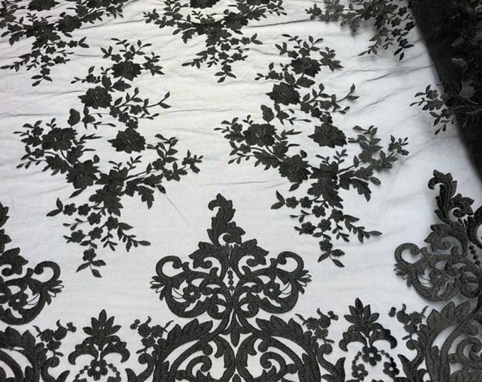 Black Floral Flower Mesh Lace Embroidery Design Fabric By The Yard For Tablecloths, Wedding Prom Dresses, Night gowns, Skirts, Runners
