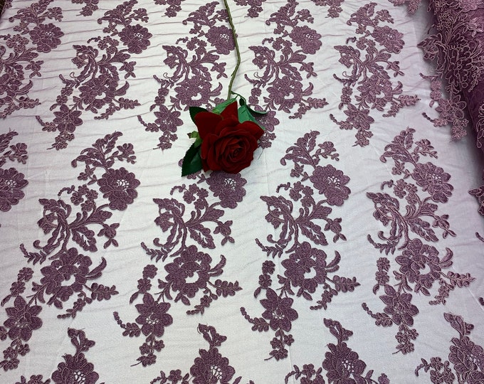 2 WAY Stretch FLOWERS/Mesh Lace Fabric By Yard/Egg Plant Lace/ Embroidered Lace/Floral Lace/For Tablecloths/ Runners/Costumes/Dress/Skirts
