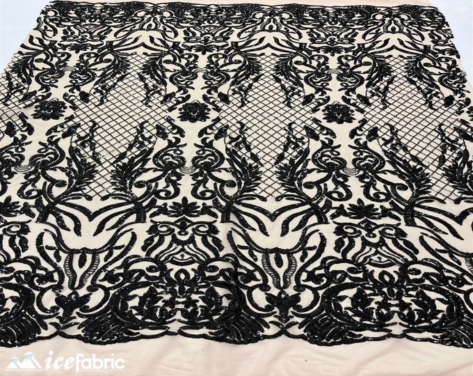Mia Geometric Sequin Fabric By The Yard | 4 Way Stretch Fabric | Sequin Geometric Embroidery Fabric | Black on Nude Mesh