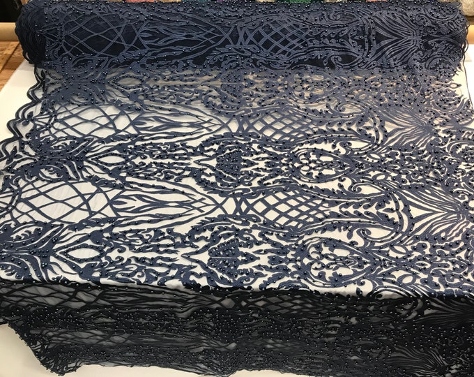 Navy Blue Design Beaded Fabric,Lace Fabric By The Yard-Embroider Beaded For Bridal-Floral Mesh Dress Lace Prom-Nightgown skirts runners