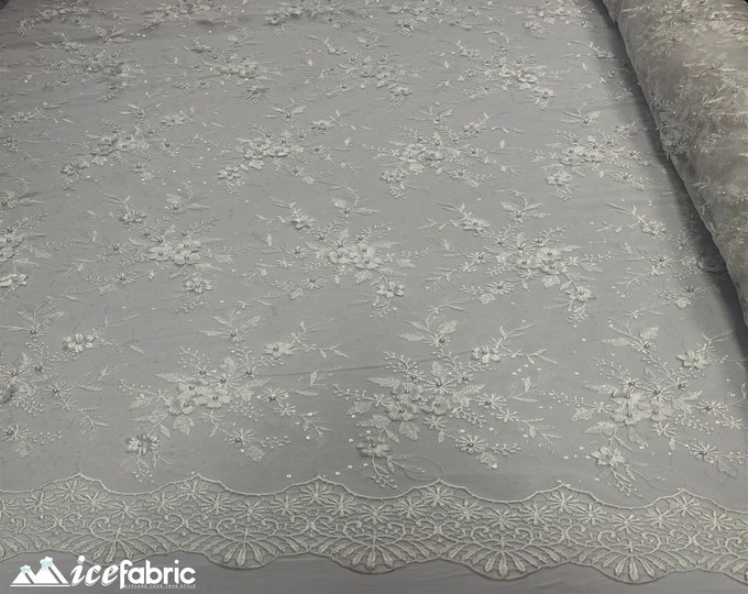 Fashion 3D Flowers Floral Lace Fabric By The Yard | Ivory Embroidery Beaded Fabric with Sequin on Mesh