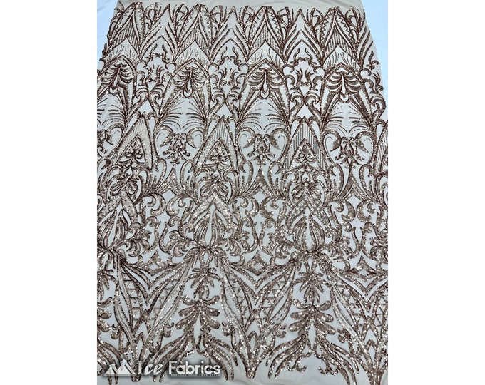 New Embroidery Champagne Sequin Fabric By The Yard | 4 Way Stretch Mesh Fabric Spandex Geometric Fabric | for Prom Dress