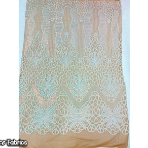 Iridescent Baby Blue on Skin Mesh 4 Way Stretch Sequin fabric by the yard | Embroidery Lace Fabric On Mesh Spandex Sequin Fabric