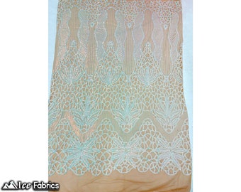 Iridescent Baby Blue on Skin Mesh 4 Way Stretch Sequin fabric by the yard | Embroidery Lace Fabric On Mesh Spandex Sequin Fabric